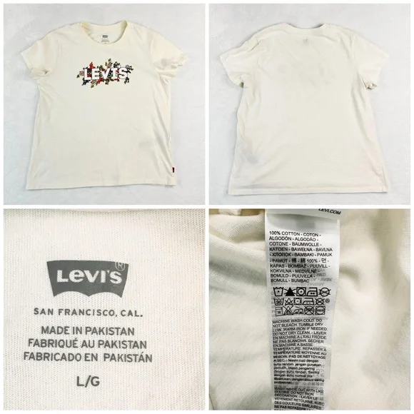 Levi’s Size L T-Shirt Bundle 3pc Floral Logo Cotton Tops   Cream Green Red Logo - Picture 4 of 7